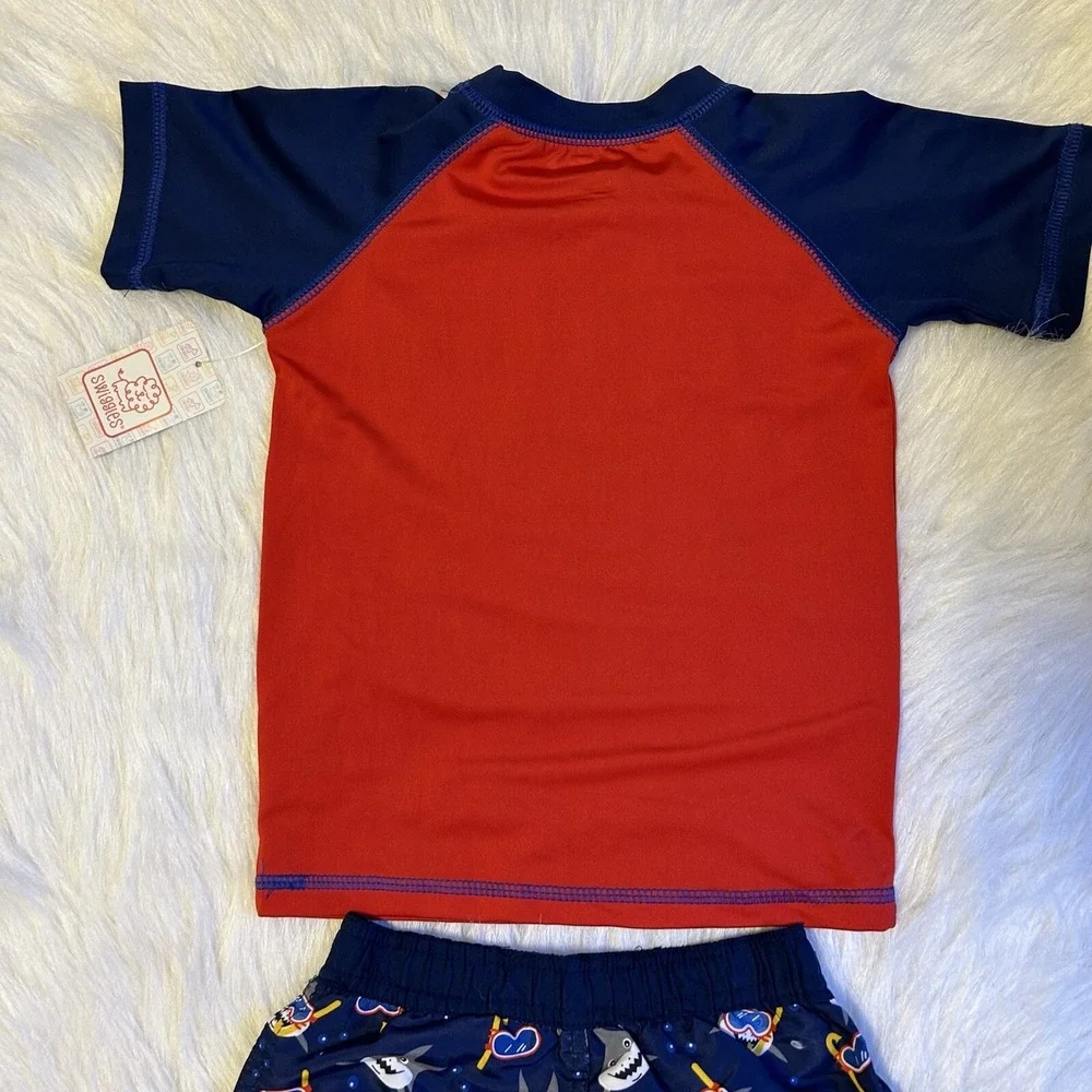 Swiggles Swimsuit Toddler Boys Size 2T Red Blue‎ Shark Two Piece Set Rashguard